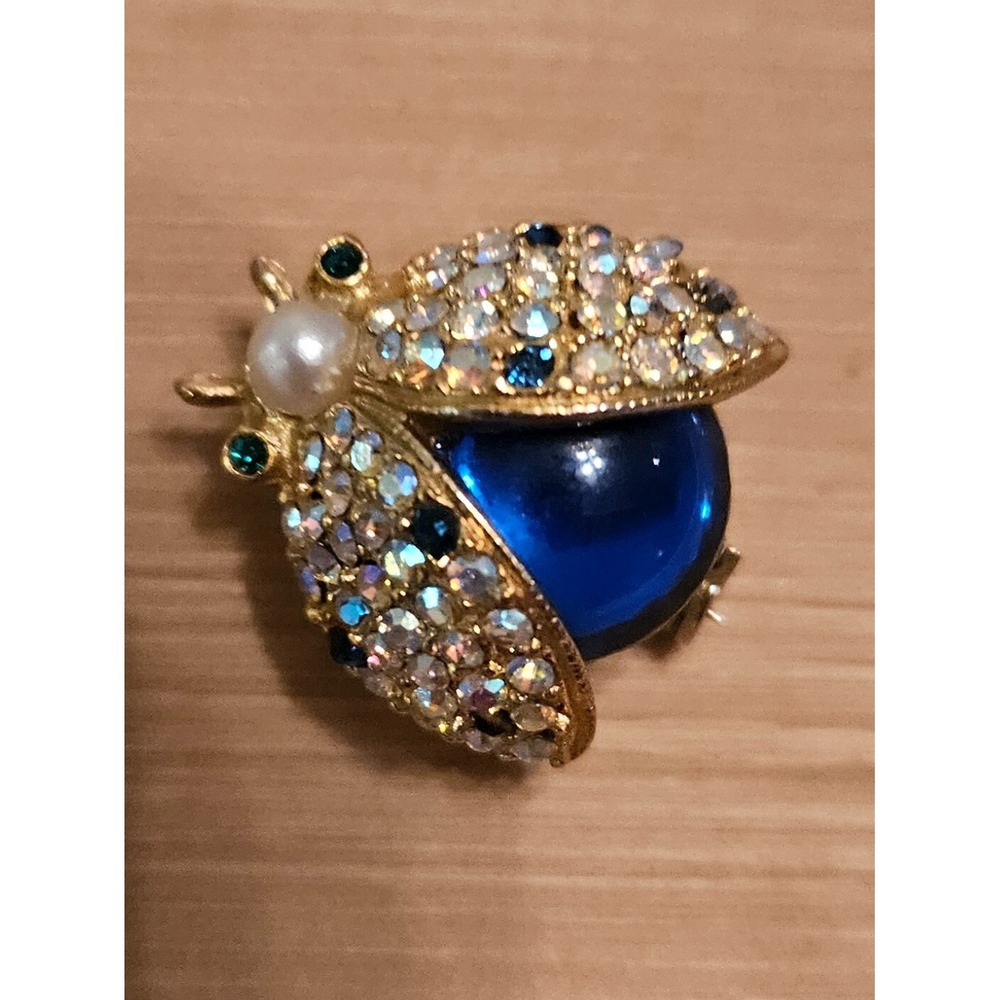 Sparkling Ladybug Brooch Pin Rhinestone Pearl Blue Gemstone Gold Tone - Picture 4 of 16